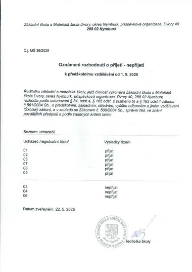 Oznámení rozhodnutí o přijetí/nepřijetí dětí k předškolnímu vzdělávání od 1.9.2025