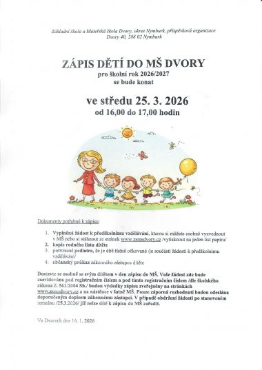 Zápis dětí do MŠ Dvory
