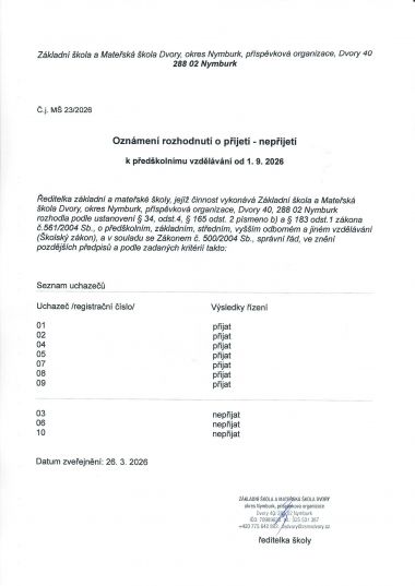 Oznámení rozhodnutí o přijetí/nepřijetí do MŠ od 1.9.2026
