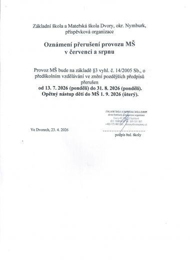 Uzavření MŠ o letních prázdninách