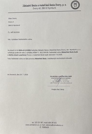 Uzavření MŠ z technických důvodů od 1.9. - 4.9.2026